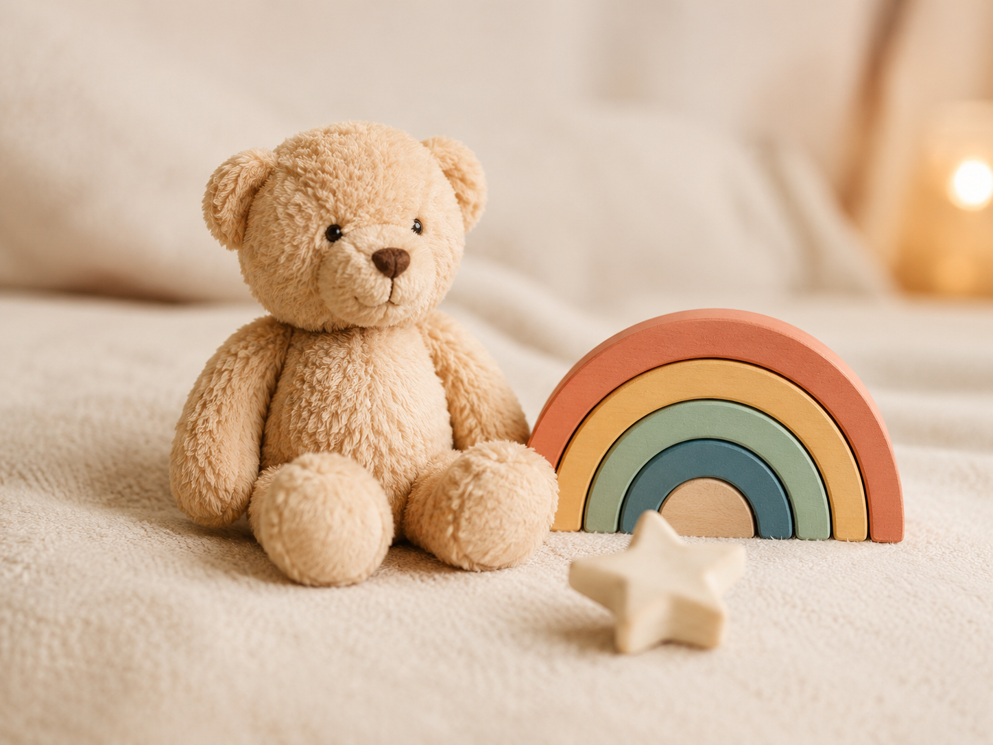 Teddy bear beside a soft rainbow toy