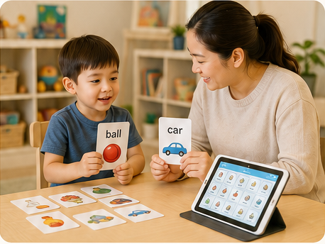 Parent supporting child with picture cards and an iPad communication app during speech therapy