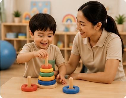 Child and therapist playing with stacking toys during a therapy session