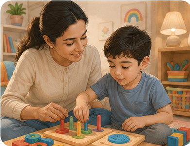 Parent sitting beside child during a play-based therapy activity
