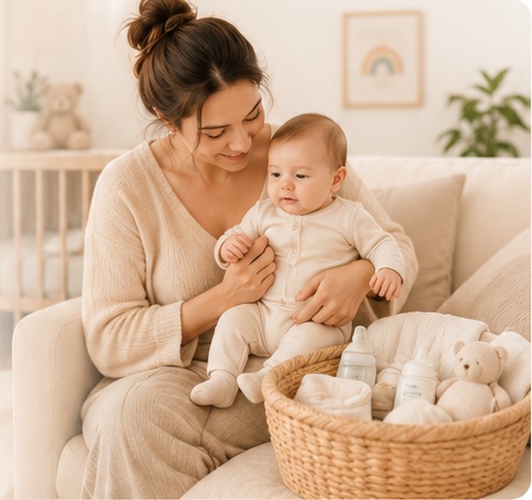 Mother holding a baby beside a basket of newborn essentials
